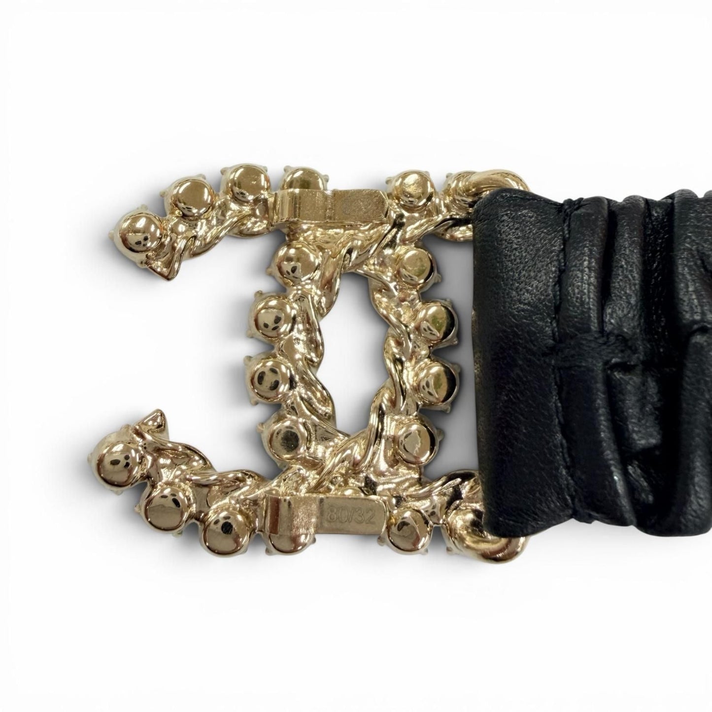 Chanel 21c CC Logo Rhinestone Leather Rubber Belt Black Gold