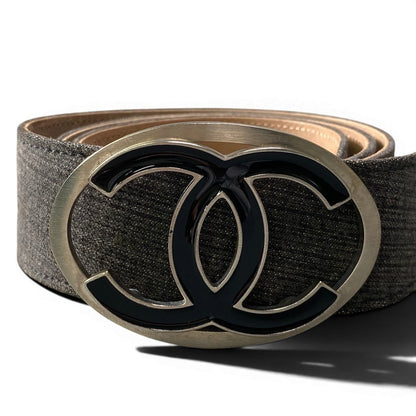 Chanel CC Logo Buckle Denim Leather Belt 36 90 Gray