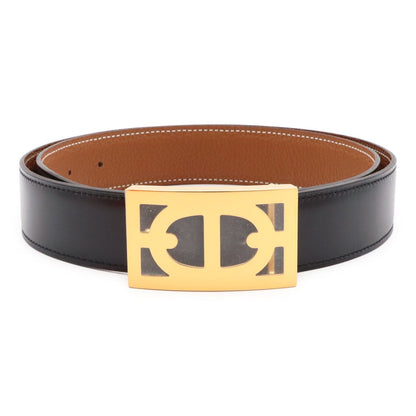 Hermes Chaine D'ancre Reversible Belt Leather Black Brown Gold 85